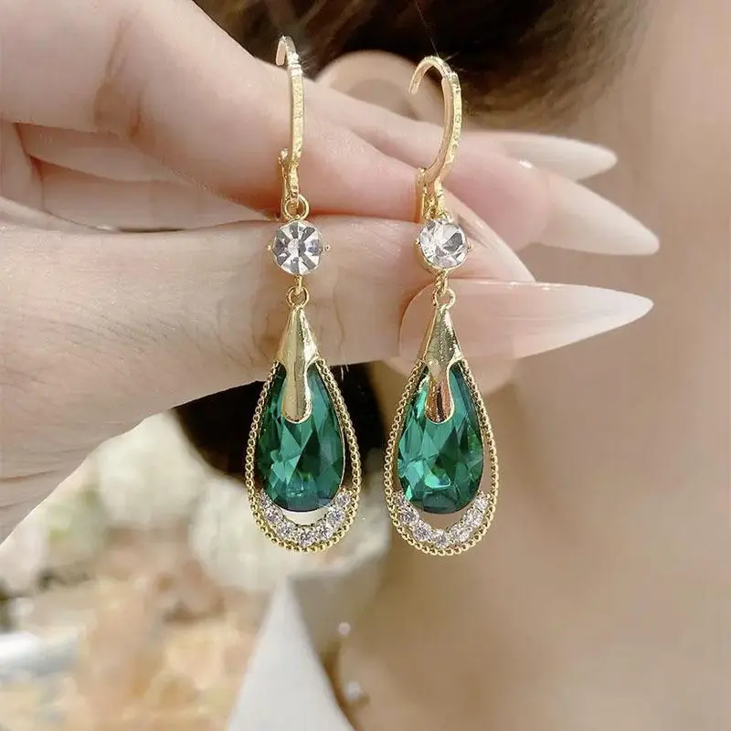 Green Crystal Teardrop Earrings Korean Design Hollow Unique Elegant Jewelry for Women