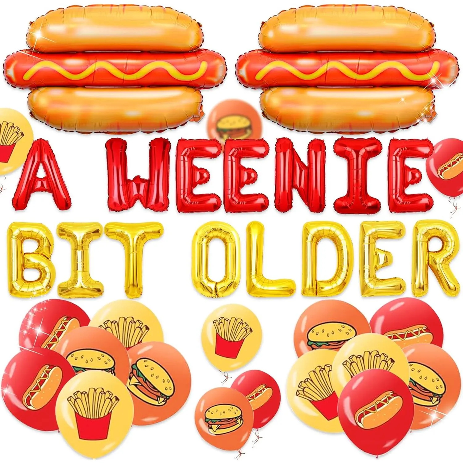 A Weenie Bit Older Balloon Hot Dog Birthday Decor Retro BBQ Cookout Theme Birthday Party Decorations Red Glitter, Decorating, Glittered, Multiple