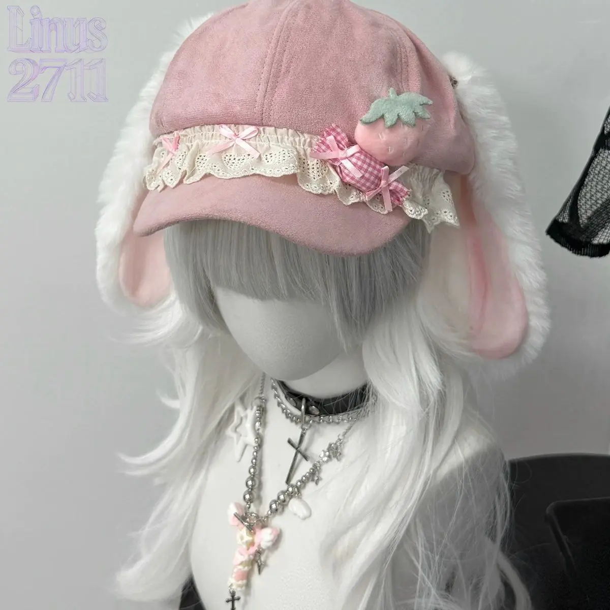 Kawaii Pink Long Plush Bunny Ear Octagonal Beret Hat Sweet Strawberry Lace Lolita Cap Y2K Harajuku Subculture Cosplay Hat