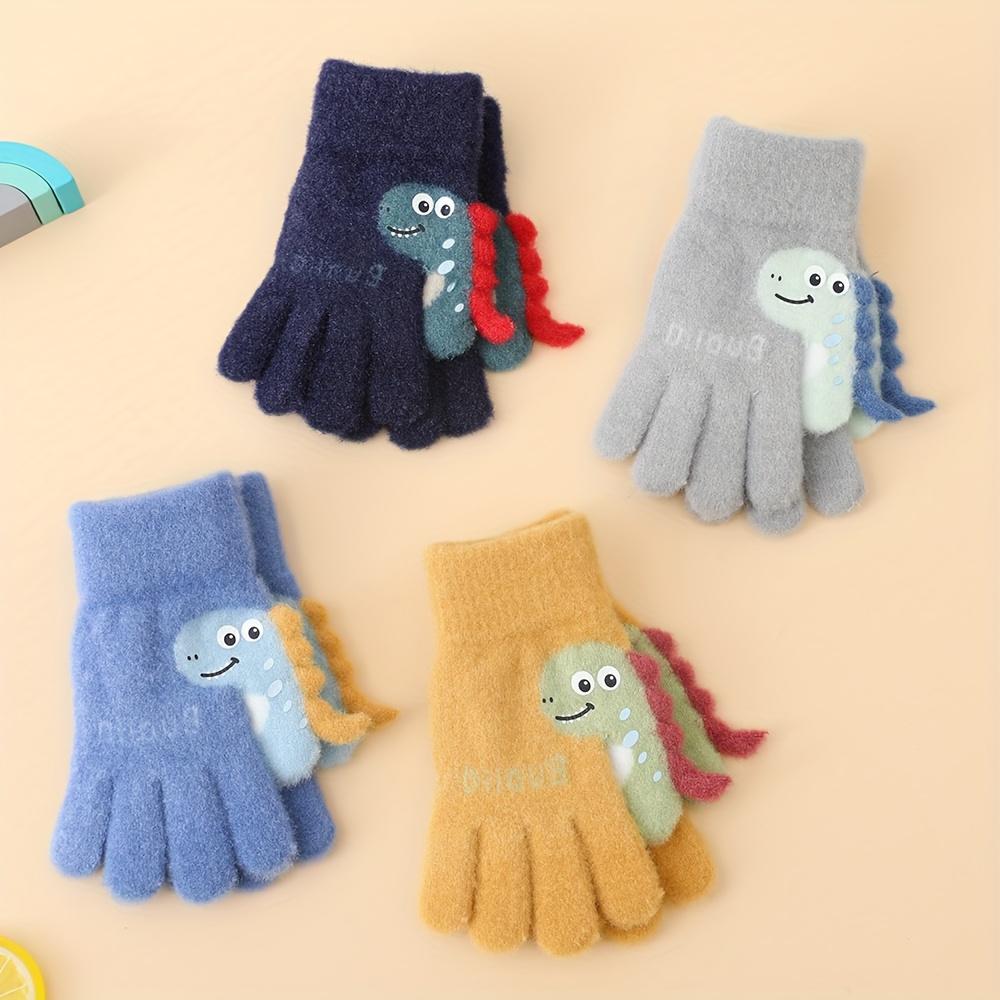 1 Pair of Youngsters's Gloves, Autumn and Winter Warm Plush Five-Finger Cute Cartoon Dinosaur Knitted Mittens for Boys & Girls, 3-7 Years Old
