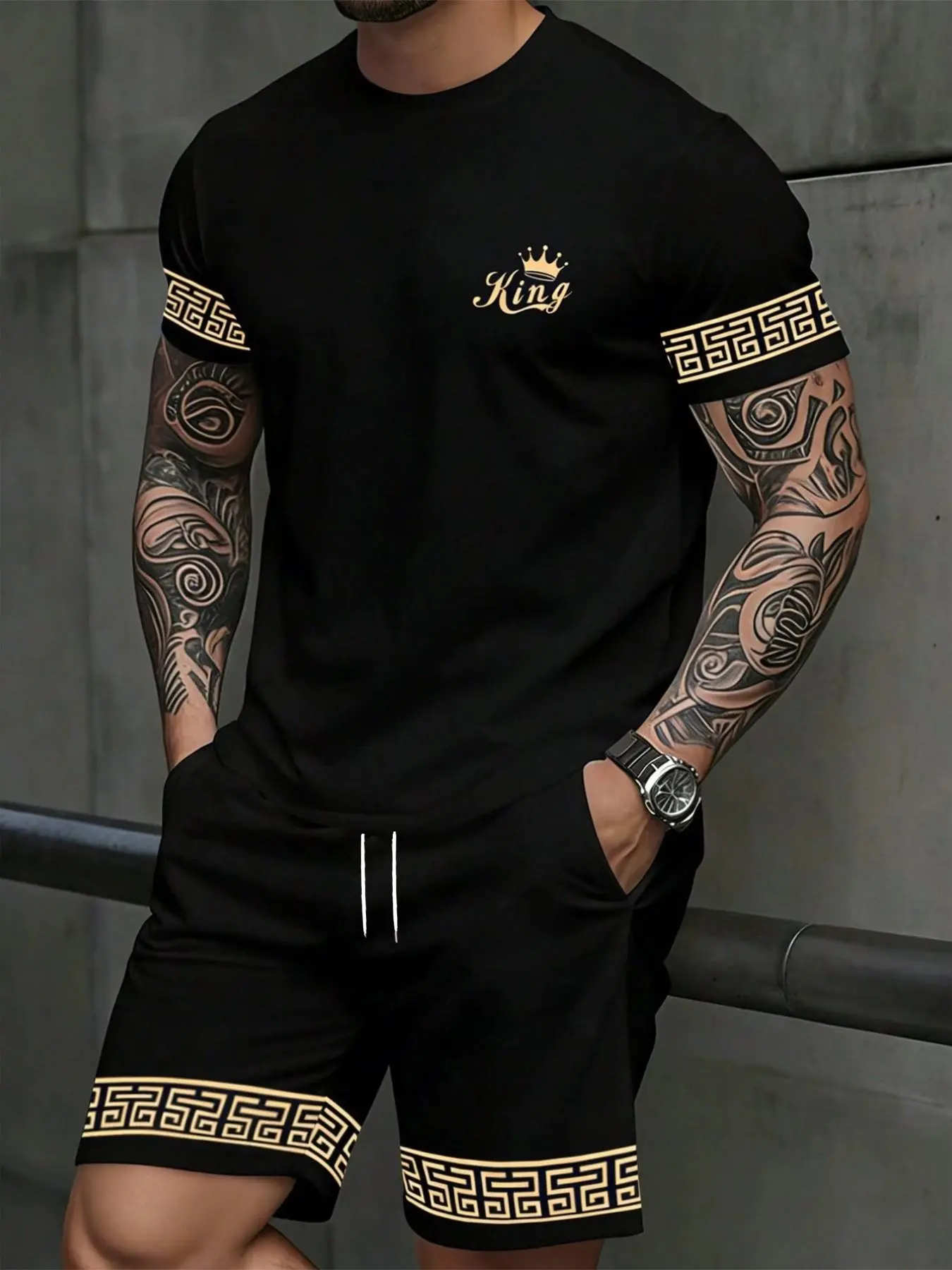 Men's Geometric Print Two-piece Set, Short-sleeved T-shirt and Drawstring Shorts, Casual Summer Simple Everyday Outfit, Graphic Tee Set