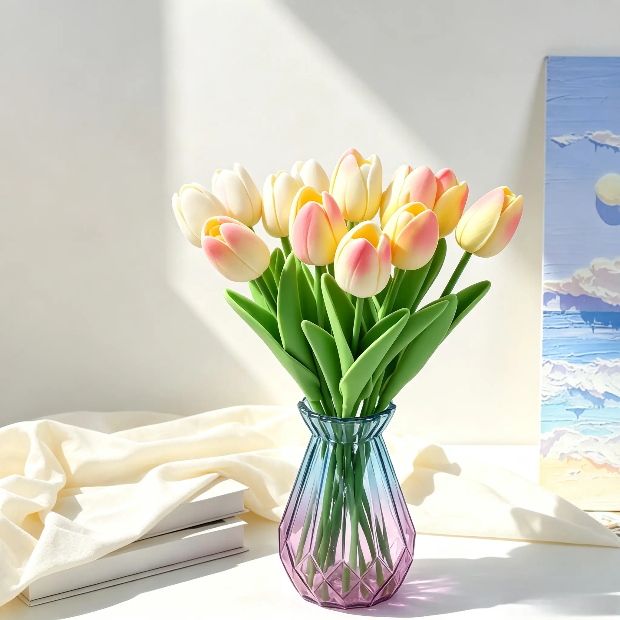 10 PU Decorative Artificial Tulip Flowers - Big Filler Bouquet with Peach Plants, Glass & Ceramic Accents for Weddings, Home Living Room Decoration