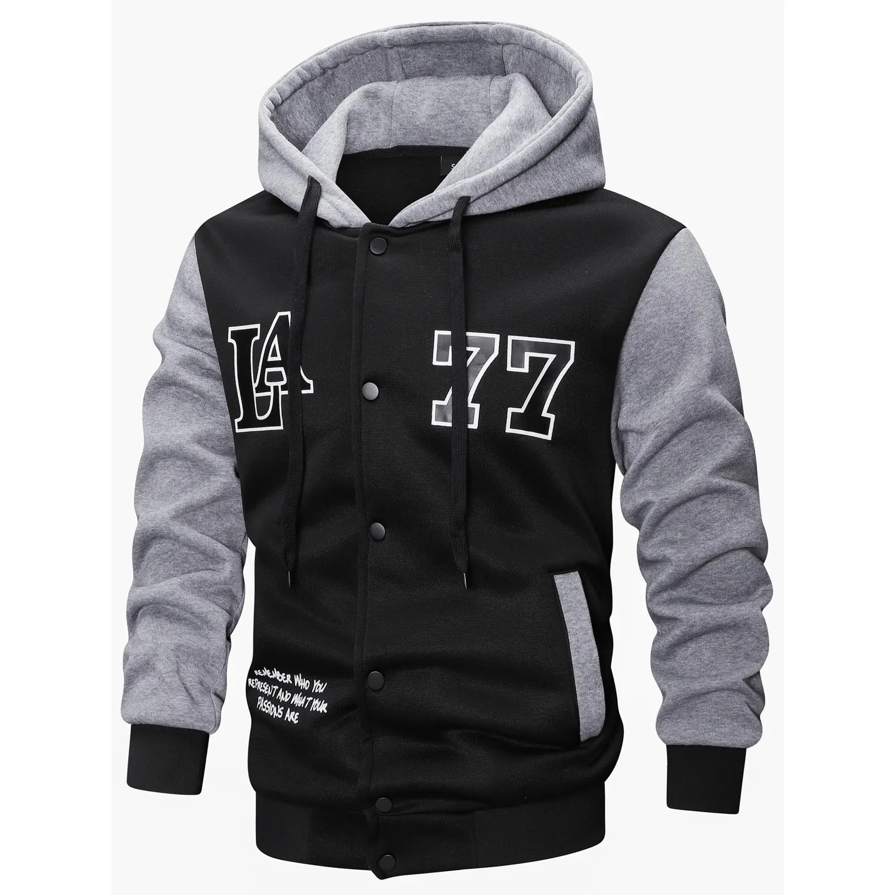 Guys Hooded Varsity Jacket Baseball Bomber Graphic Print Color-Block Button-Up Hoodie Sweatshirt Streetwear College Athletic Sports Casual Outerwear Retro Male Clothing Apparel cozy soft cool clean chic active sporty casual premium comfy fly fall clothes