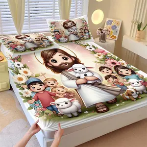 3Pcs Cute Cartoon Jesus & Lamb Fitted Sheet Set No Fillers, Jesus Loves You God Is Good Bed Sheet Set, Christian Floral Bedding Set with Pillowcases, Deep Pocket Soft Fabric for Kids Teens Boys Girls Bedroom Decor
