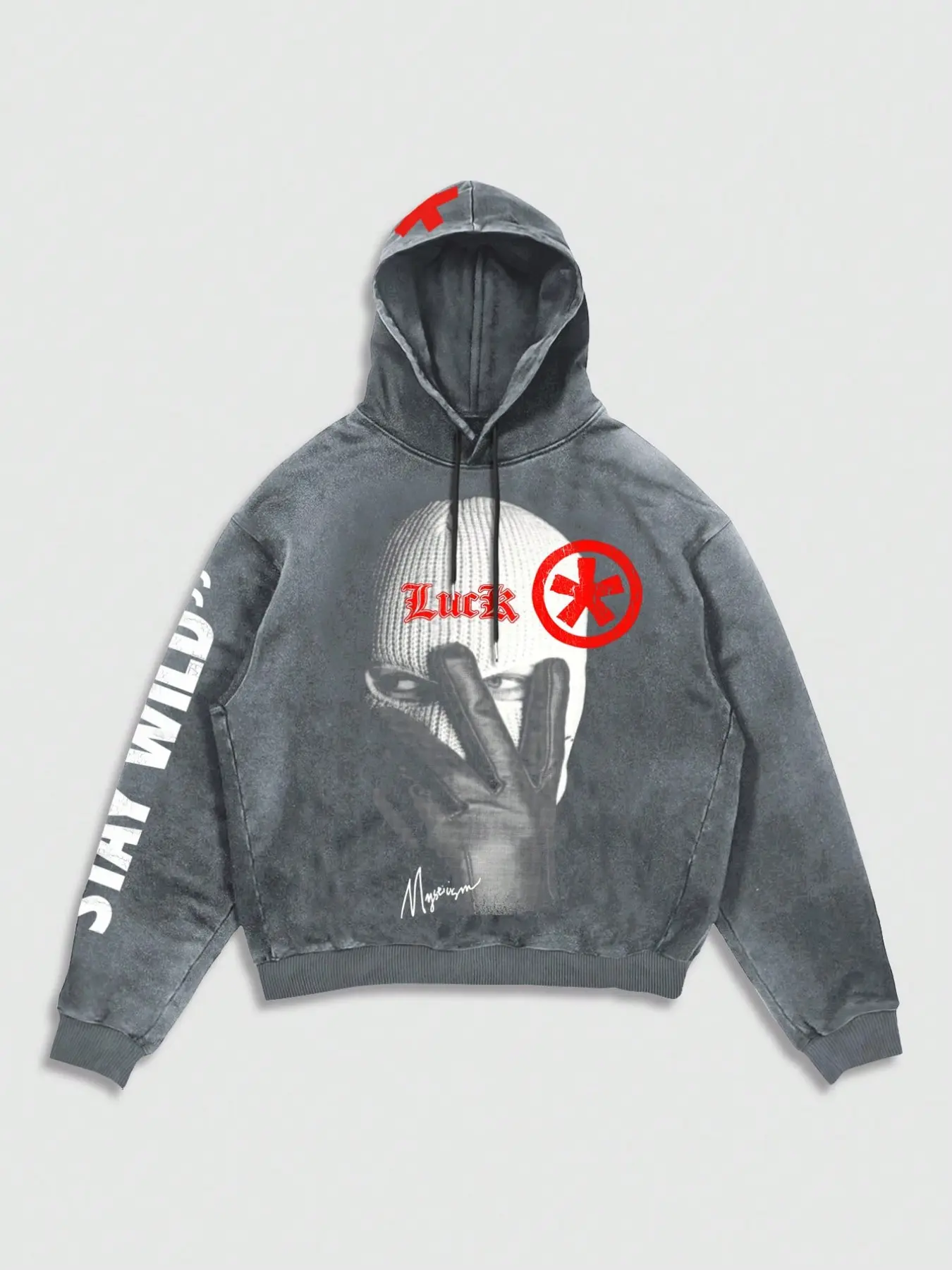 Vintage Heavy Washed Face Mask Hoodie, Loose Fit Street Style, 60% Cotton, Pop Art Print, Long Sleeve Pullover Sweatshirt for Fall & Winter