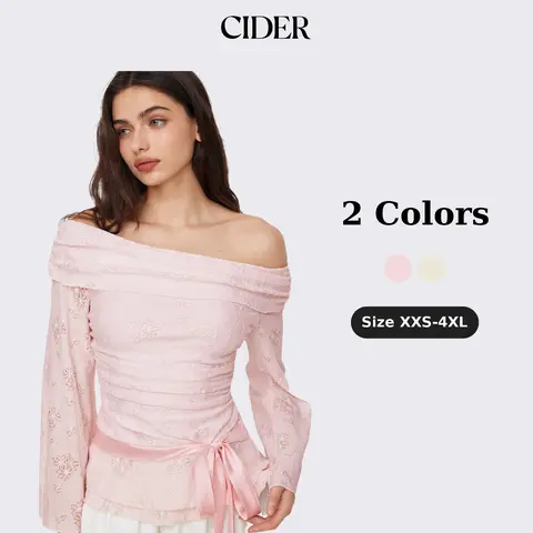 Cider Lace Off-shoulder Floral Knotted Ruched Long Sleeve Top