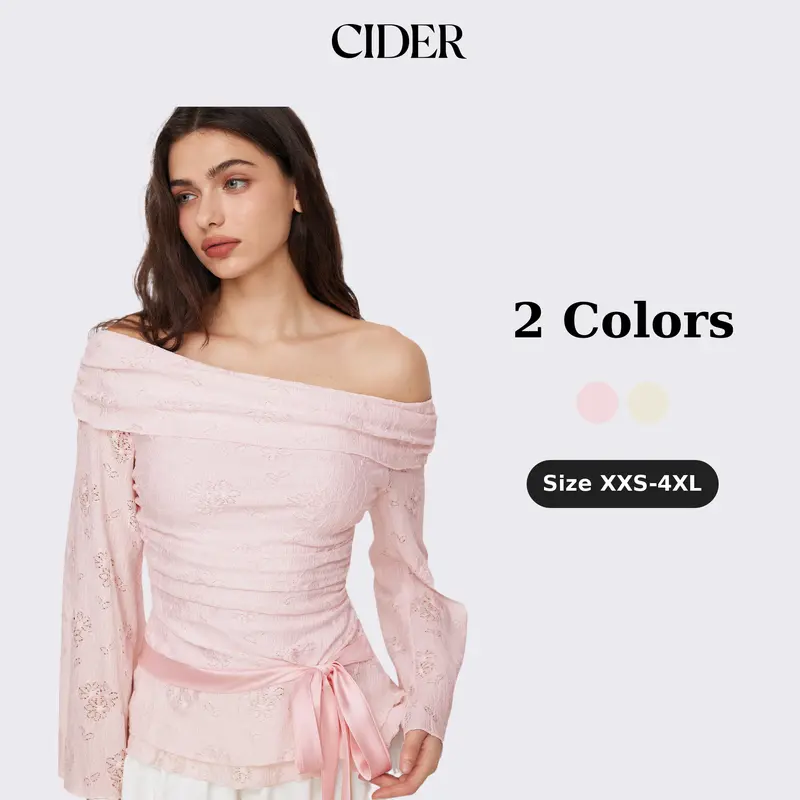 Cider Lace Off-shoulder Floral Knotted Ruched Long Sleeve Top