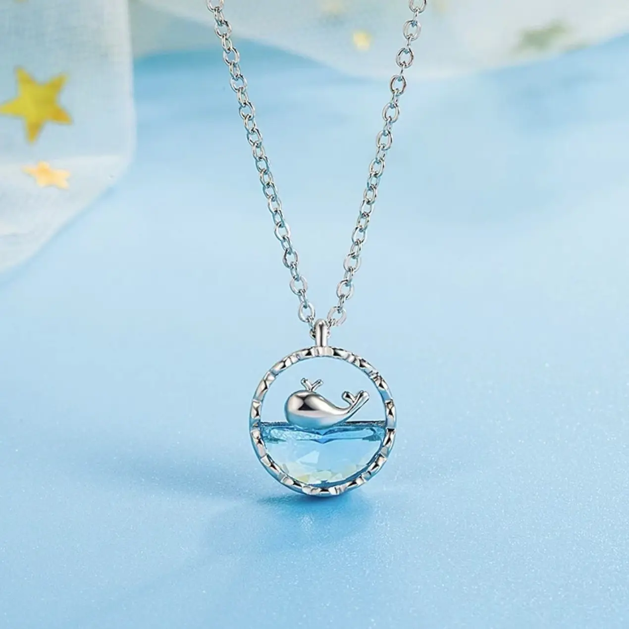 Women's Cute Whale Wave Charm Pendant Necklace - Blue Crystal Ocean Wave Design with Moon & Star Charm, Coastal Aesthetic Casual Beachwear Jewelry, Silver/Golden Birthday Anniversary Gift for Females