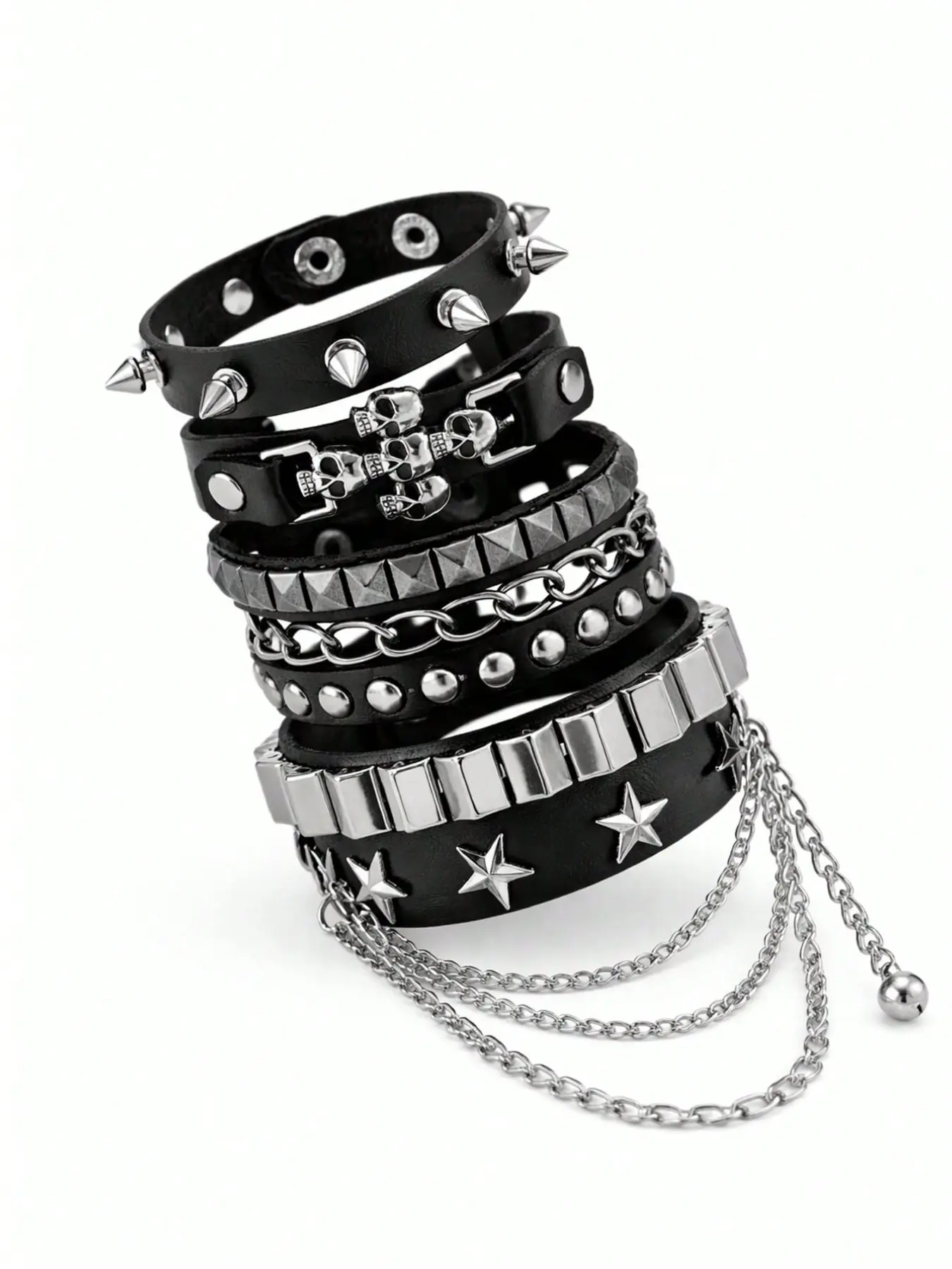 4pcs PU Leather Rivet Punk Style Bracelet Set, Suitable For Men And Women, Gothic Spiked Rivet Adjustable Wristband, Suitable For Halloween Party Accessories, Wrist Decor, Holiday Bracelet, Gothic Style Rivet Bracelet, Punk Rock Style