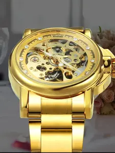 Women's Automatic Mechanical Watch, Hollow Out Transparent Dial, Diamond-Set Steel Band, Luxury Vintage Analog Round Face, All Seasons Casual Style