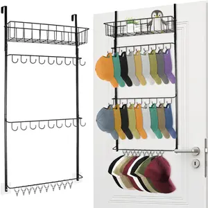 Large Size Over the Door Hat Rack, Hat Organizer for Baseball Caps for Closet & Door, Wall Mounted Hat Holder with 18, 10 Movable Clips and Basket