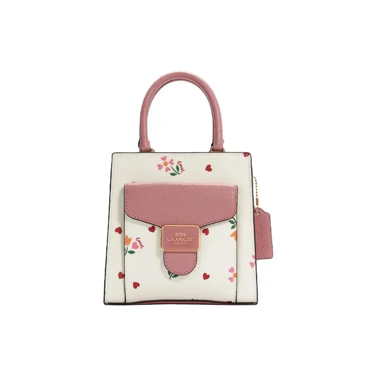 COACH Pepper 17 Heart-Petal Print Magnetic Closure Canvas-and-Leather Mini Handbag for Women in White and Pink