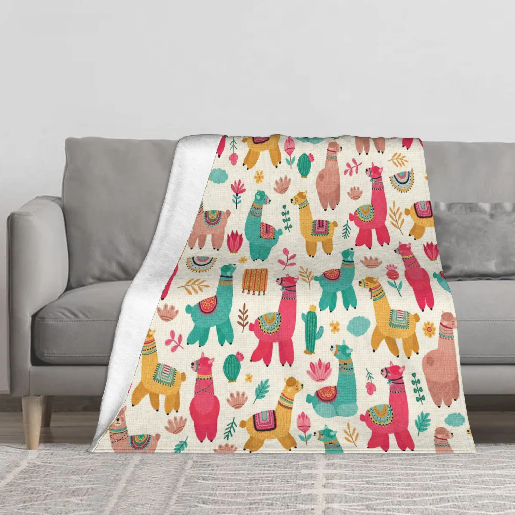 Cute Llama Alpaca Fleece Throw Blanket, 280GSM Soft Flannel Blanket for Couch Sofa Bed, Colorful Animal Cactus Pattern Plush Cozy Blanket for Kids and Adults, Lightweight Warm Bedding for All Seasons,disposable,Portable