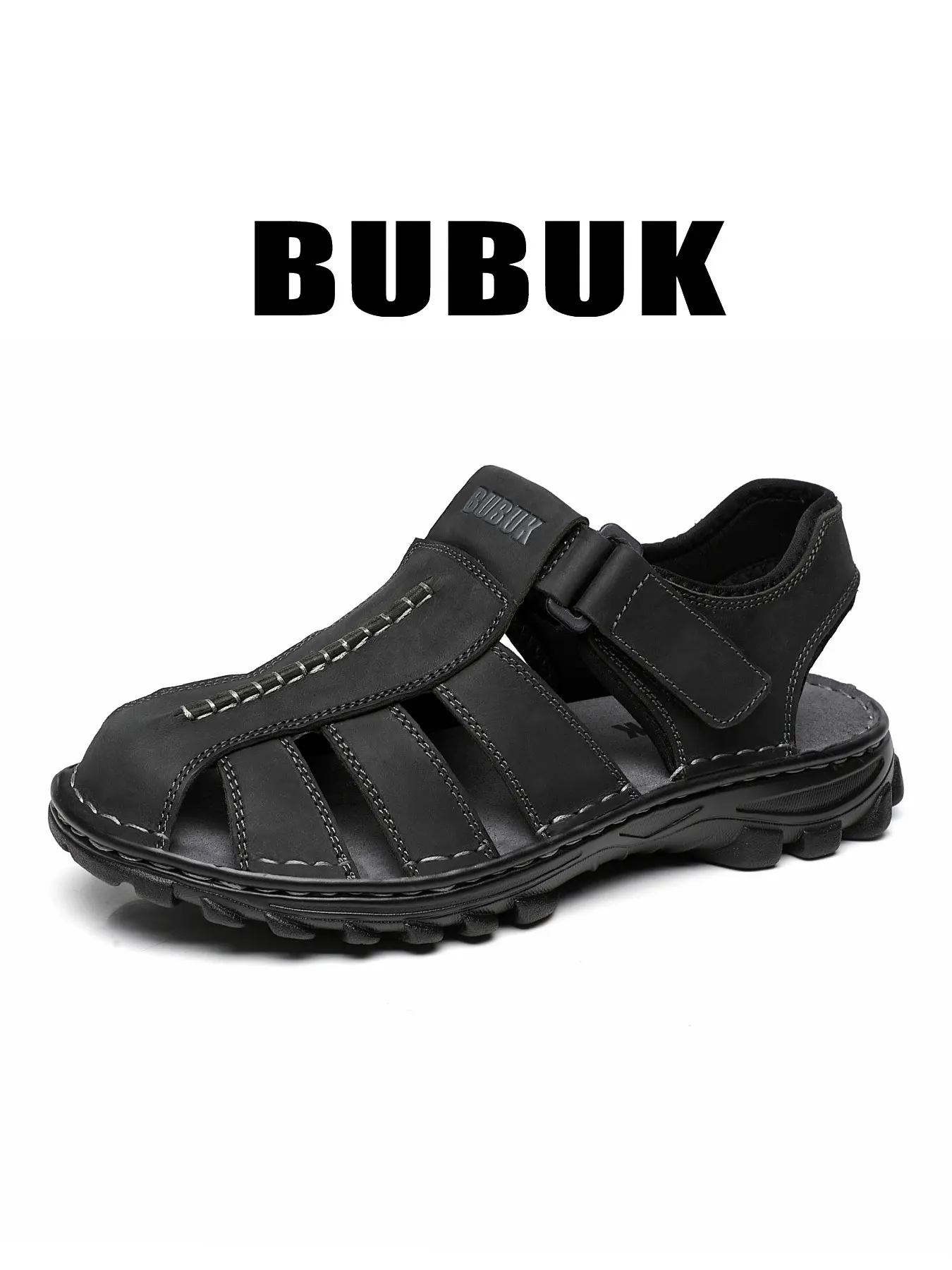 BUBUK Men's Vintage Leather Sandals, Summer Anti-Tip Toe Safety Flip Flops, Hand-Stitched Thick Sole Non-Slip Outdoor Casual Shoes