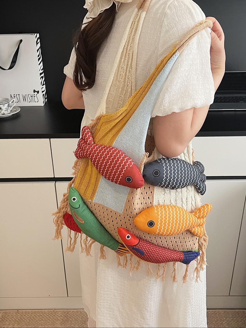 Stylish Rainbow Color Women's Knitted Bag with Colorful Fish Pattern, Versatile Shoulder Bag for Work, Shopping, Outings and Daily Use