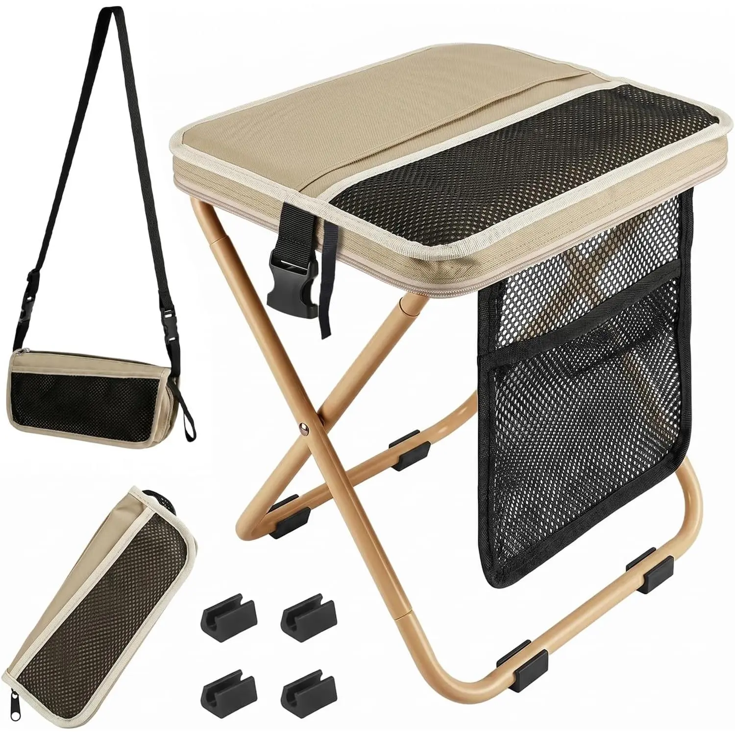 16" Extra Tall Portable Collapsible Stool,Sturdy and Durable Folding Backpack Stool with 3 Side Pockets,Ideal for Camping, Hiking, Outdoor Activities Portable Chair (Khaki)