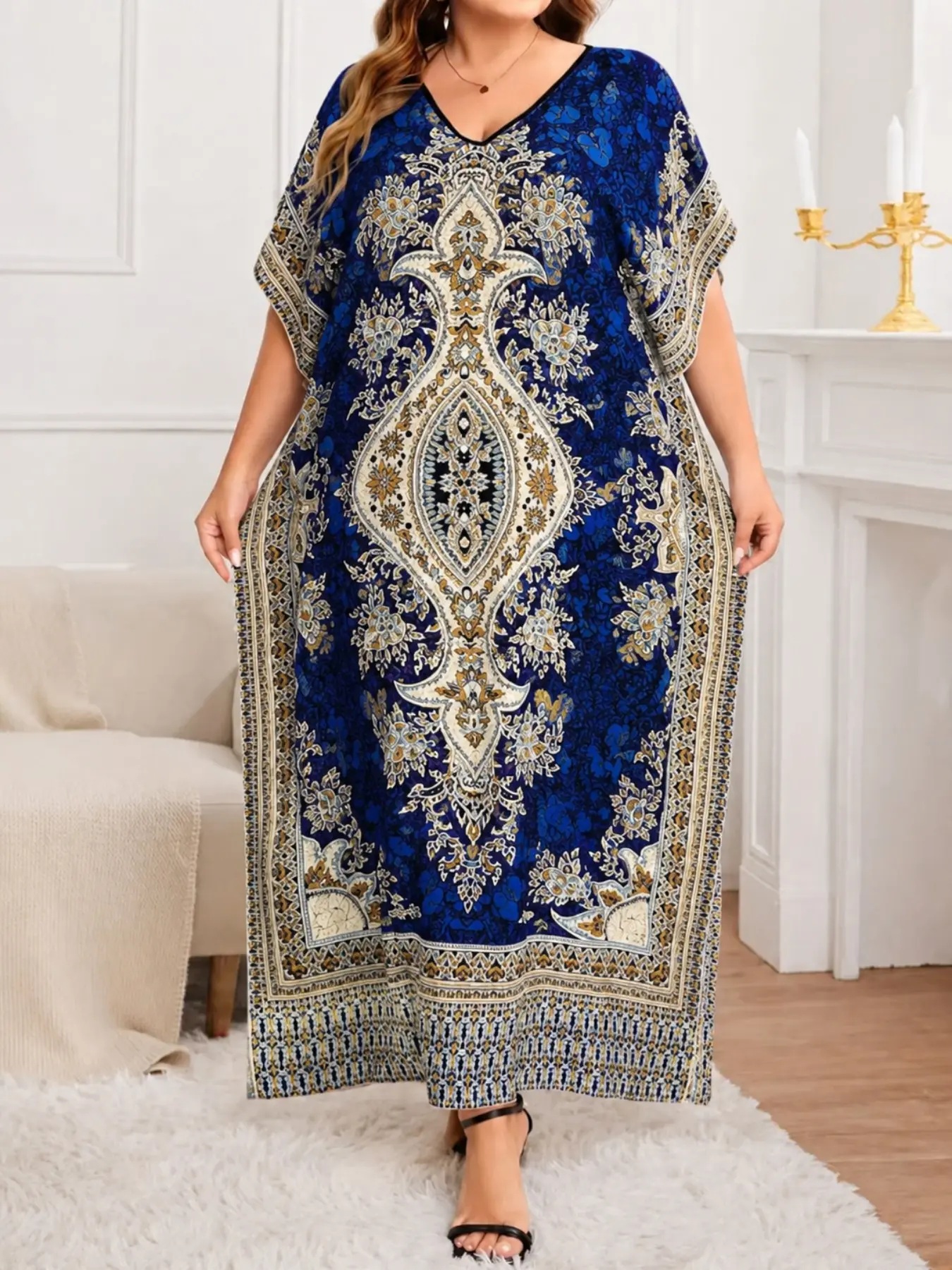 Plus Size Boho Bohemian Dress for Women, Print V Neck Long Dress, Elegant Muslim Abaya, Summer Beach Vacation Wear, Casual Wear, Comfortable and Stylish