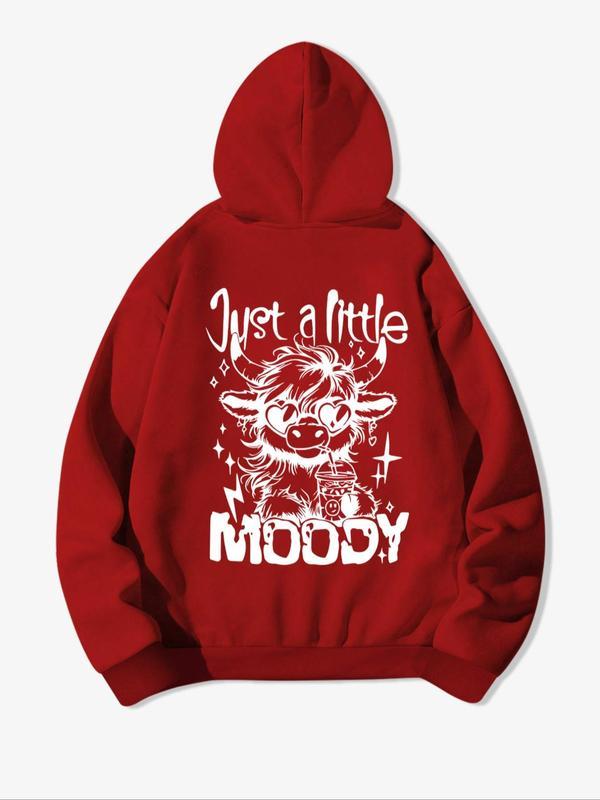 Women's Cartoon Highland Cow Print Hoodie, Casual Thermal Lined Long Sleeve Hooded Sweatshirt for Fall & Winter, Women's Clothes for Daily Wear