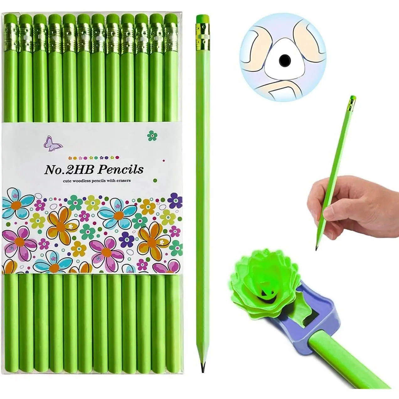 Green Pencils #2 HB with Erasers, Triangle, Flower Shavings, 12 Pack | Triangle Grip for , School and Homework, Drawing and Crafts, Creative Learning, Party Favors, Goodie Bags, Holiday Gifts