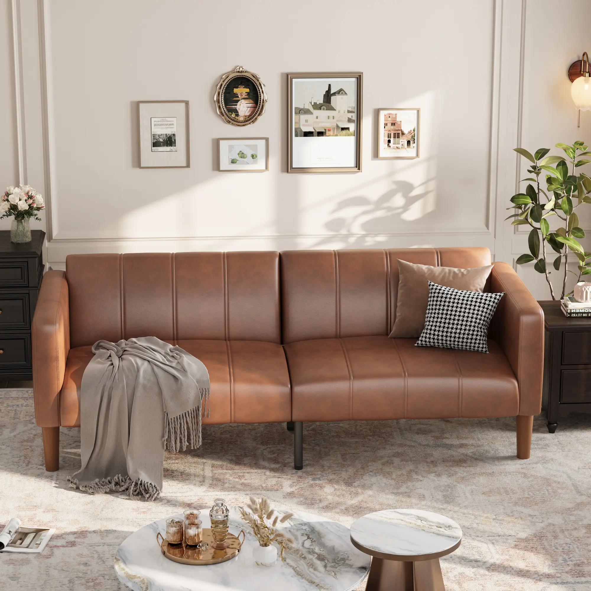 PU Leather Futon Sofa Bed,Convertible Loveseat, Adjustable Backrest, Side Pockets, Space-Saving Sleeper Sofa