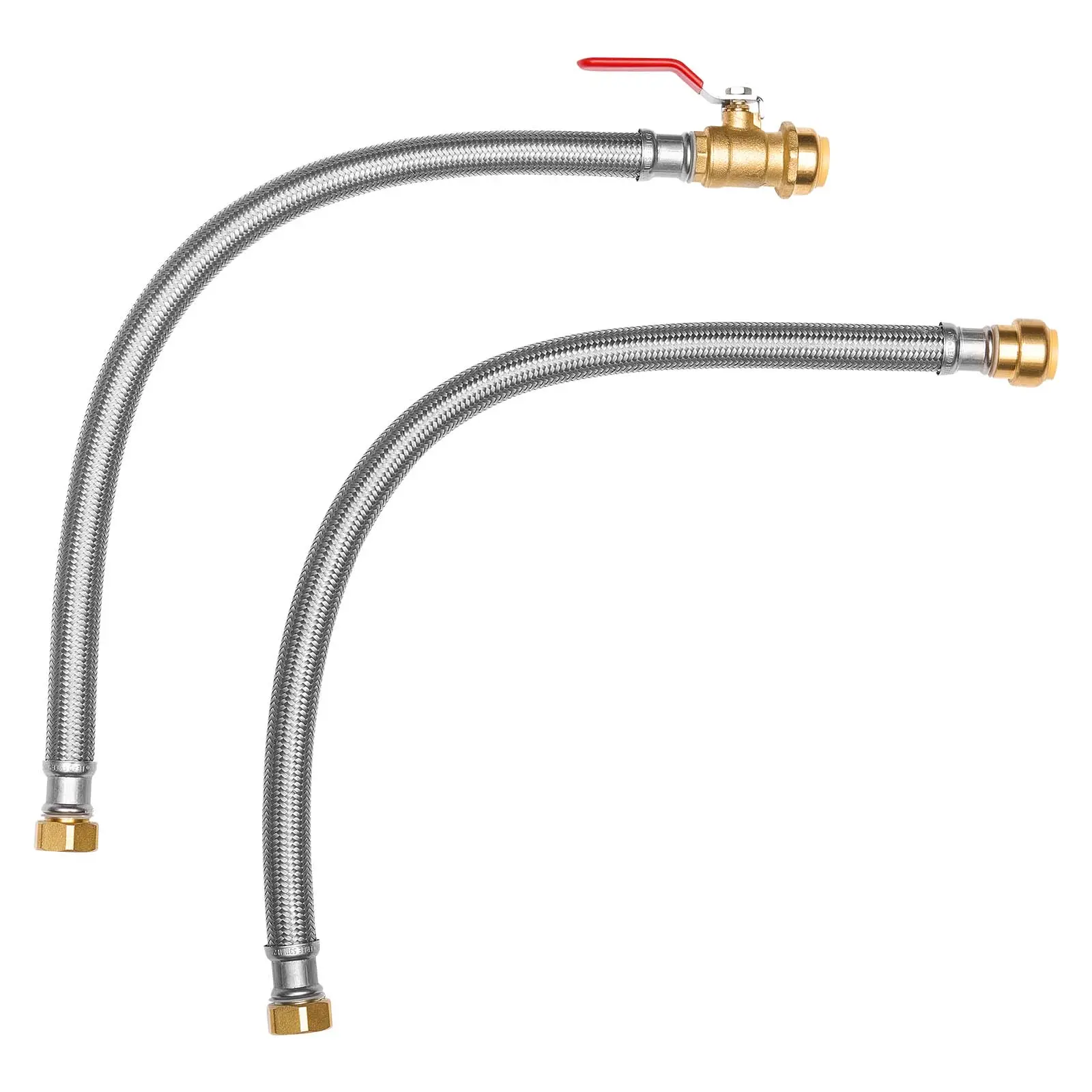 Water Heater Kit, Push Fit Valve Flexible Water Heater Connector with Fip X Ptc Ball Valve, 200 PSI, 200°F/93.33°C Working Pressure, Lead-Free Brass & SUS304 Construction
