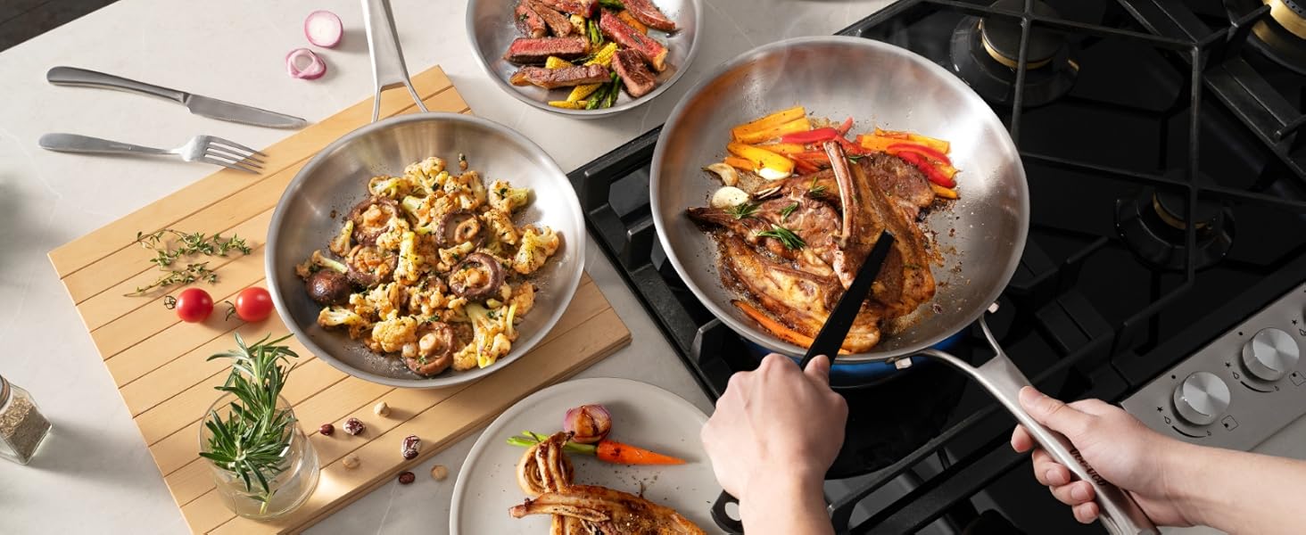 Stainless Steel Cookware Set,Tir-Ply Pots and Pans Set,10 Pcs Stainless Steel Induction Kitchen Cookware Sets,PFOA Free, Frying Pans,Saucepans,Saute Pan & Stock Tagine Pot,Compatible with All Cooktops