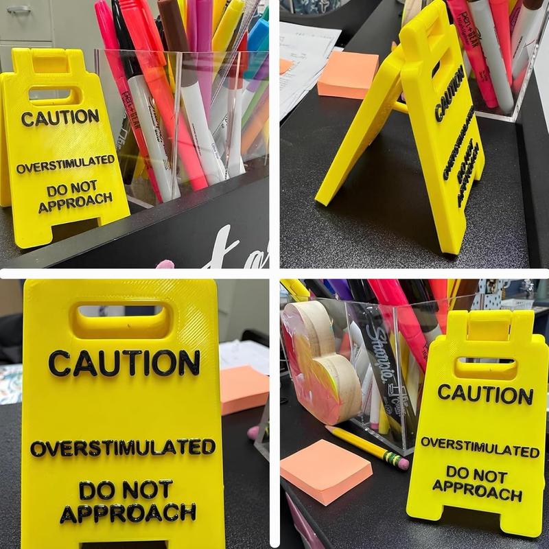 Caution Overstimulated Desk Sign -Yellow Signwith Black Text, Gift for CoworkersBoss & Employees, Mini Novelty FunnyDFunny Desk Sign, 3D Printed Warning Overstimulated Don't Approach, Mini Humorous Prank Gift for Colleagues Boss, Office Home Decor