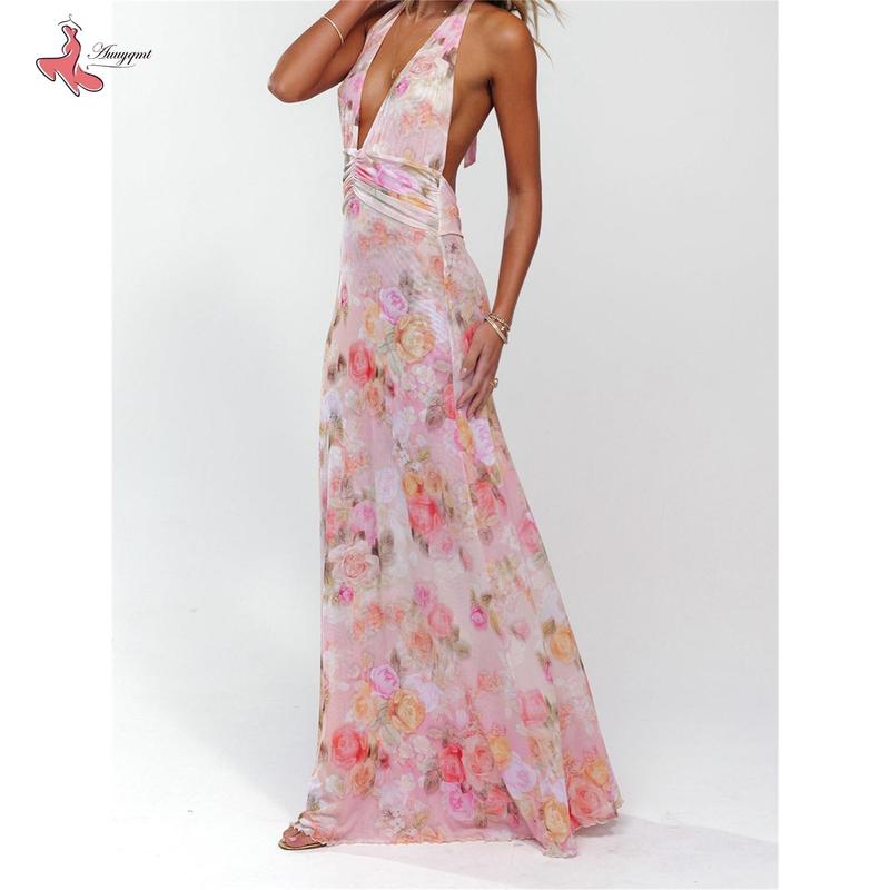 Women Long Dress, Sleeveless Halter Dress Backless Flower/Dots Print Summer Cocktail Dress