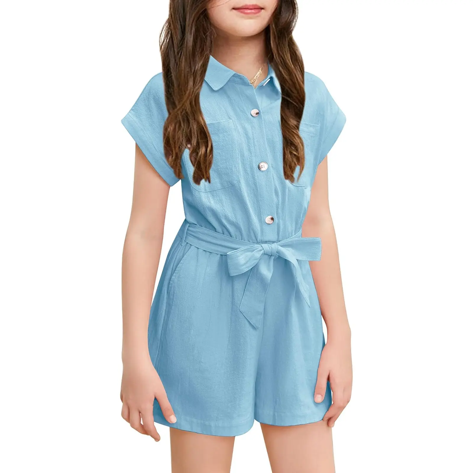 Haloumoning Girls Cute Romper Button Down Belted Jumpsuit Wide Leg Short Summer Outfits with Pockets 3-14T