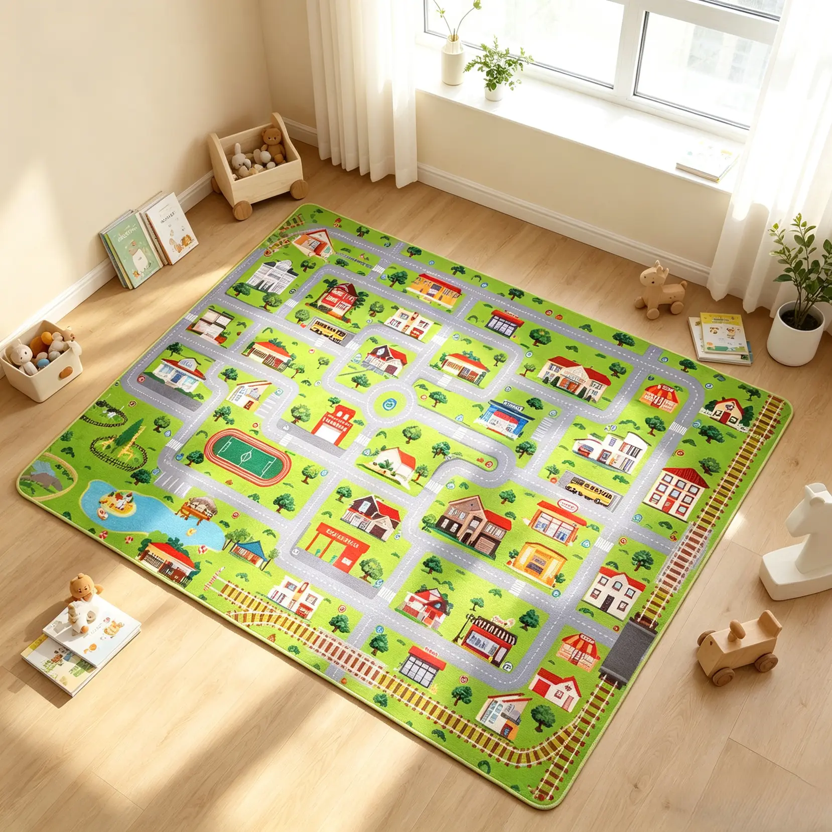 5x7ft Large Kids Play Rug, Ultra Soft City Road Map Area Rug for Toddlers, 0.4" Thick Memory Foam Traffic Town Playmat, Non-Slip Learning Educational Carpet for Bedroom Playroom Daycare