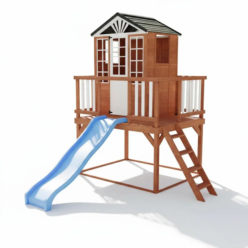 Elevated 2-Story Wooden Playhouse for Kids – Large Cedar Outdoor Game House – Wave Slide, Climbing Wall, Step Ladder & Sandbox – Backyard Fun