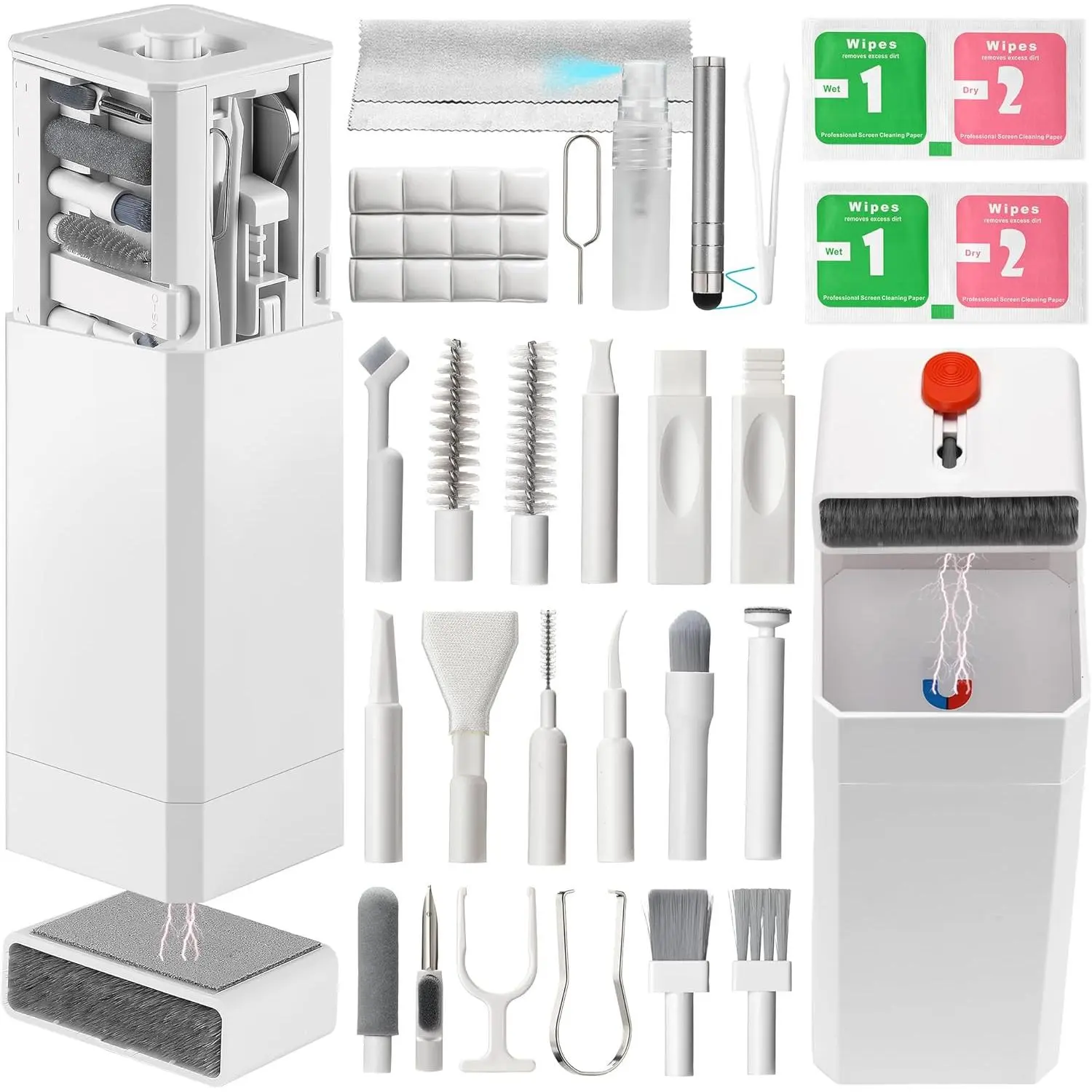 Upgraded Portable Electronics Cleaning Kit with Camera Lens Brush & Cloth, Stylus Pen for Phones, AirPods, Ports, Laptop Keyboard & Screen – Cool Gadgets for Adults, Boyfriends, Gamers (Father's Day, White)
