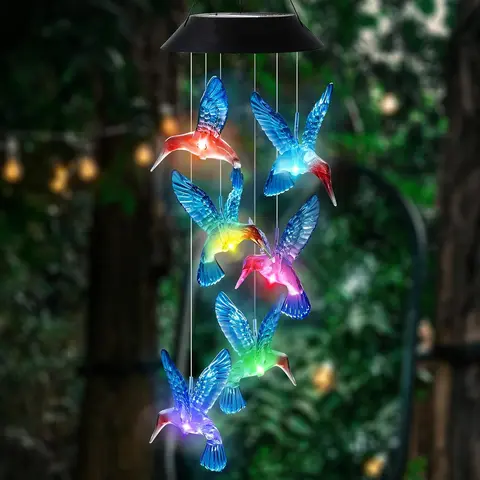Creative Bird Design Solar Wind Chimes, Color Changing Hummingbird LED Lights, Outdoor Garden Decorative Solar Light Wind Chimes, Outdoor Garden Accessories