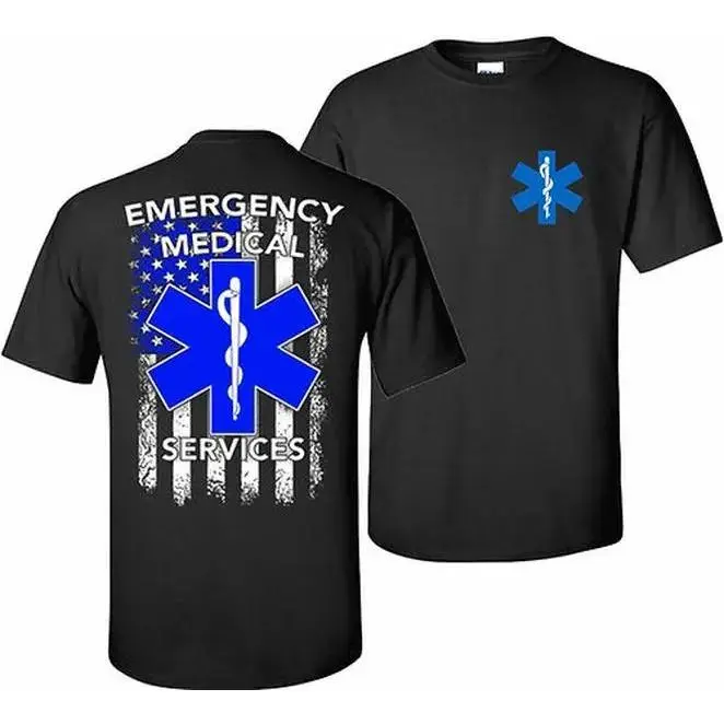 EMS American Flag Crew Neck Short-Sleeve T-Shirt - Emergency Medical Services Graphic Tee, Soft Cotton Blend Casual Top, Star of Life Symbol, Proud First Responder Gift, Unisex Menswear Streetwear, Machine Washable Normal Type All Seasons Sports Top, Fash