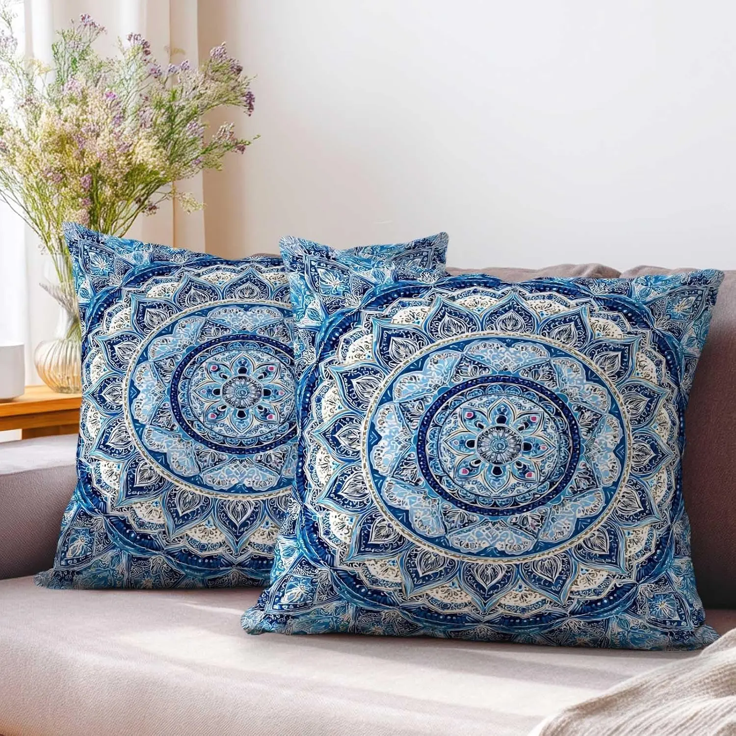 Blue Mandala Throw Pillow Covers 18x18 Set of 2 | Boho Decorative Cushion Cases for Couch, Meditation Room & Bedroom | Ornamental Ethnic Pillowcases  Decor Accent Set