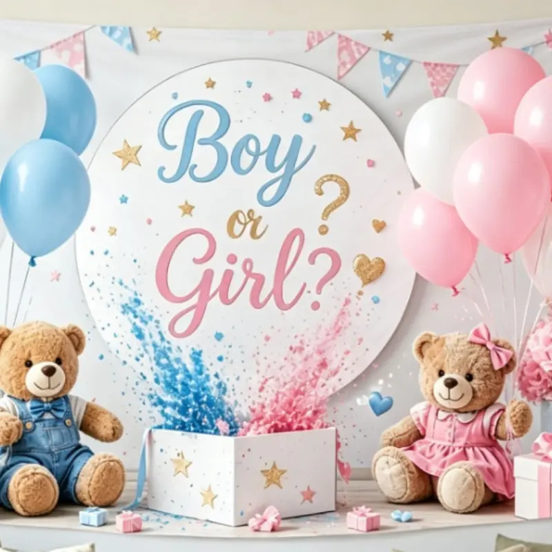 2D flat flag, Gender Reveal Backdrop, gender revealing party banner background, blue and pink color matching with teddy bears, balloons, gifts, made of polyester material, easy to hang without power supply - tc