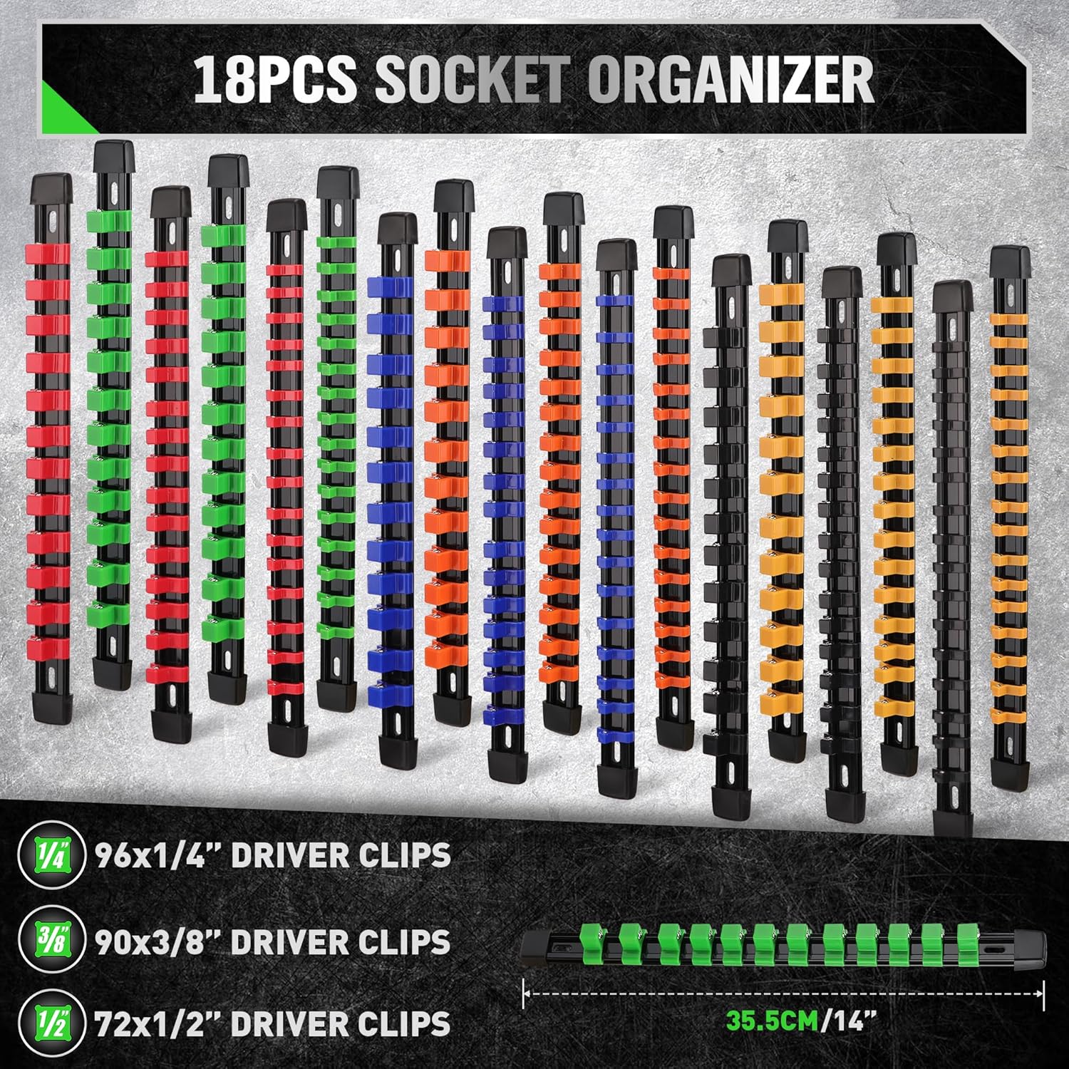 Socket Organizer Set 18-, 1/4-Inch x 96 Clips, 3/8-Inch x 90 Clips, 1/2-Inch x 72 Clips, Socket Organizer for Tool Box Drawer, Drive Socket Trays, Socket Holder Clip Rail
