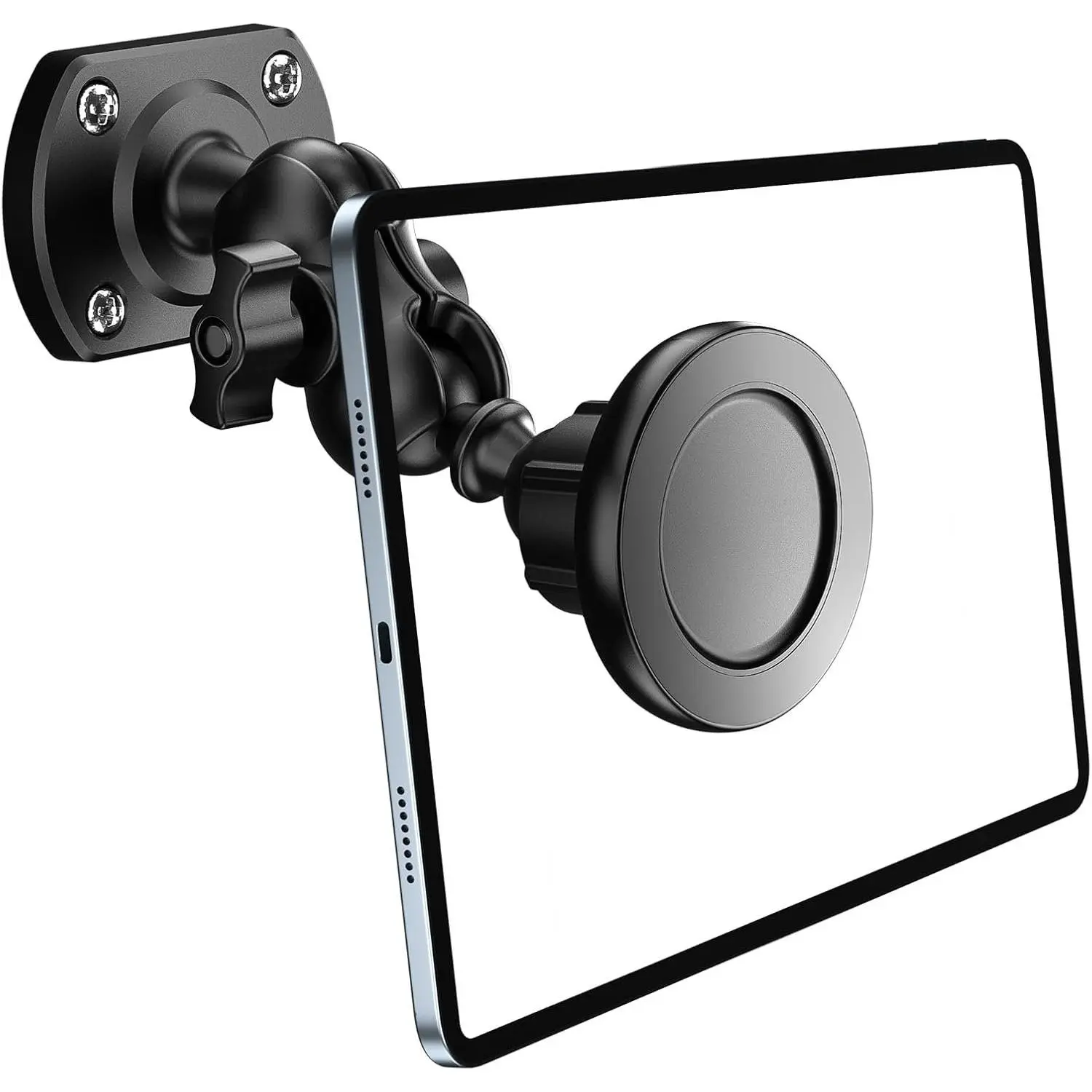 iPad Wall Mount, Tablet Holder with Metal Ring,  for Kitchen Cabinet Office , 360° Drilled Base Multi-Angle Adjustable Stand Work for iPad Pro/Air/Mini,