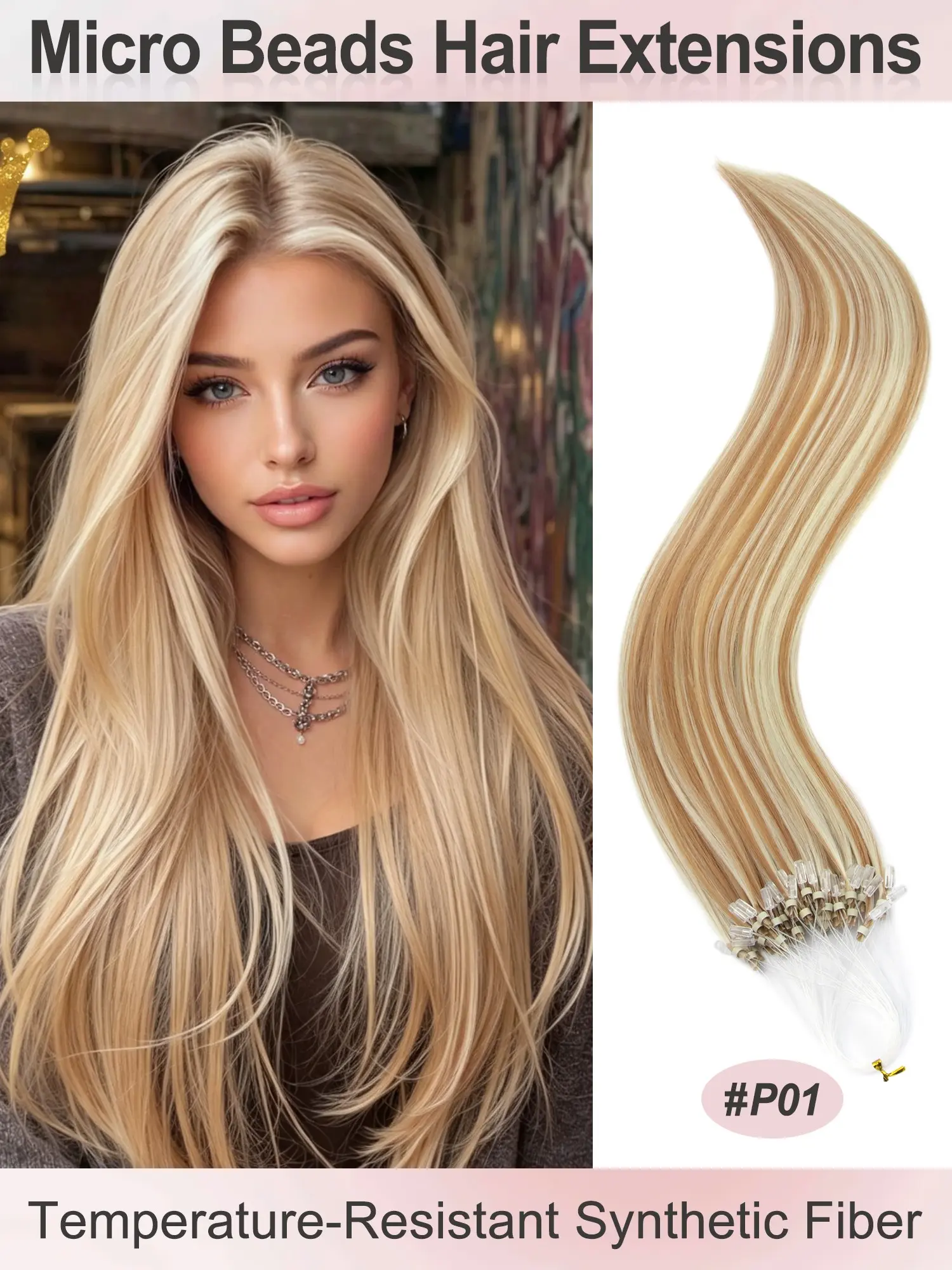 50 Strands Micro Beads Salon Hair Extensions, 20inch Natural Straight Synthetic Hairpieces, 12 Colors, Add Volume & Length, Synthetic Fiber Hair for Women
