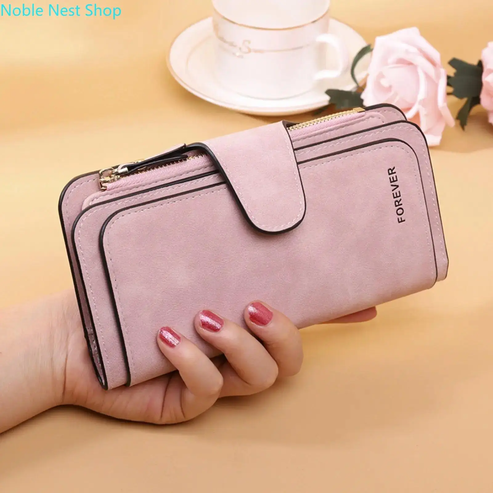 Women’s Matte PU Leather 3-Fold Long Wallet - Slim, Compartmentalized, Lightweight Card Holder with Snap Closure, Zip, Large Capacity, Elegant Clutch Purse, Compartmented