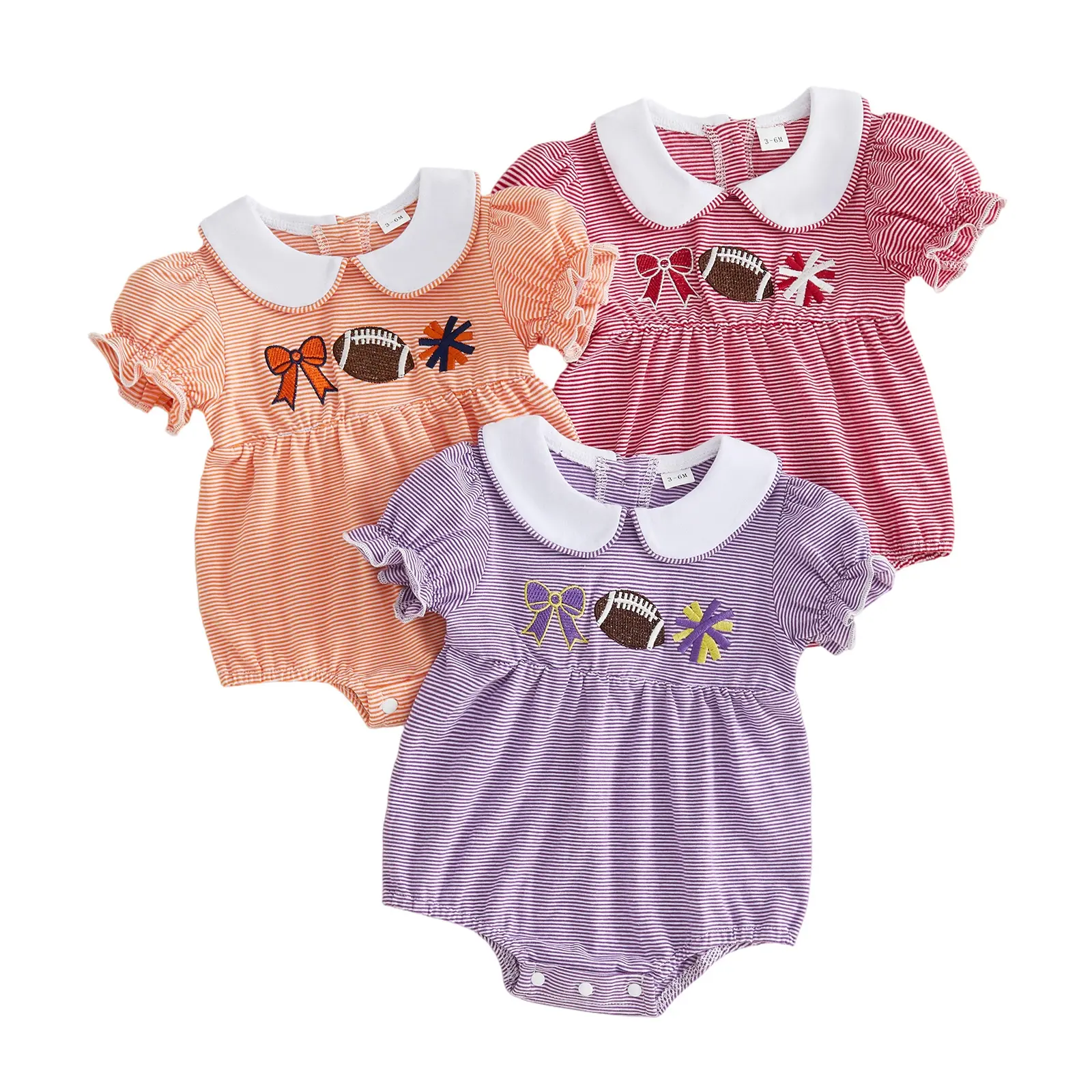 Infant Baby Girls Striped Romper Football Bow Embroidery Doll Collar Short Sleeve Jumpsuit for Cute Clothes 0-18 Months