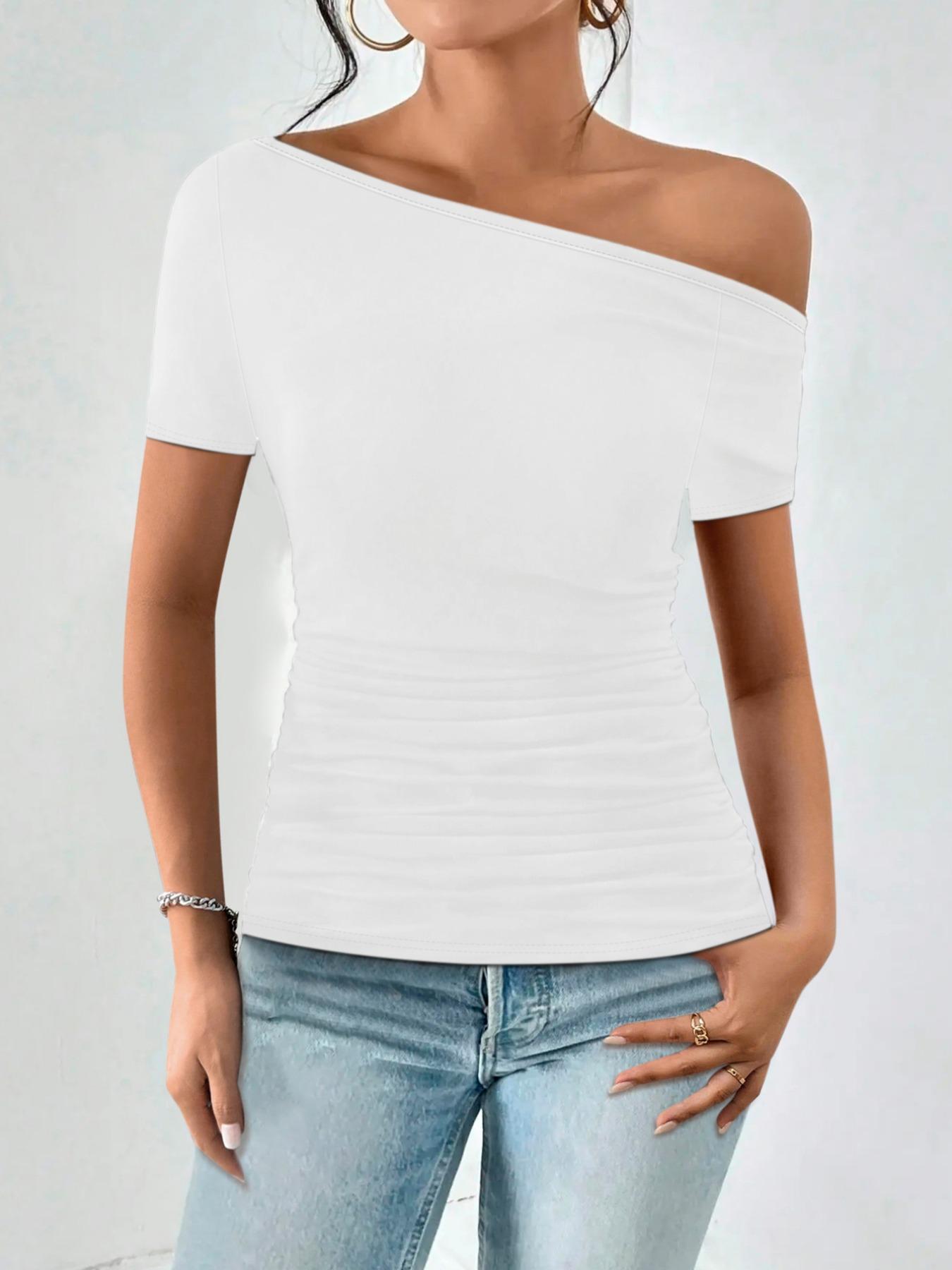 Women's Plain Asymmetrical Neck Tee, Casual Short Sleeve T-shirt for Summer, Women's Top for Daily Wear, Tops for Women, Tshirt, Lady