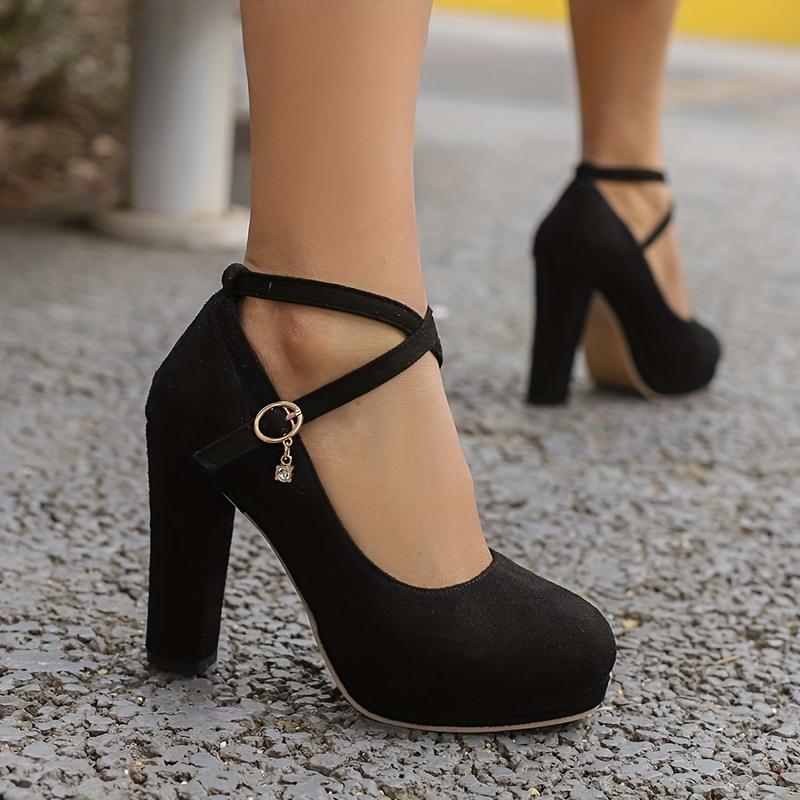 Elegant Women's High Heels - Chunky Heel, Round Toe Pumps in Black & Red|       Breathable Fabric with Sparkle Detail|       Versatile for Weddings, Work & Casual Wear