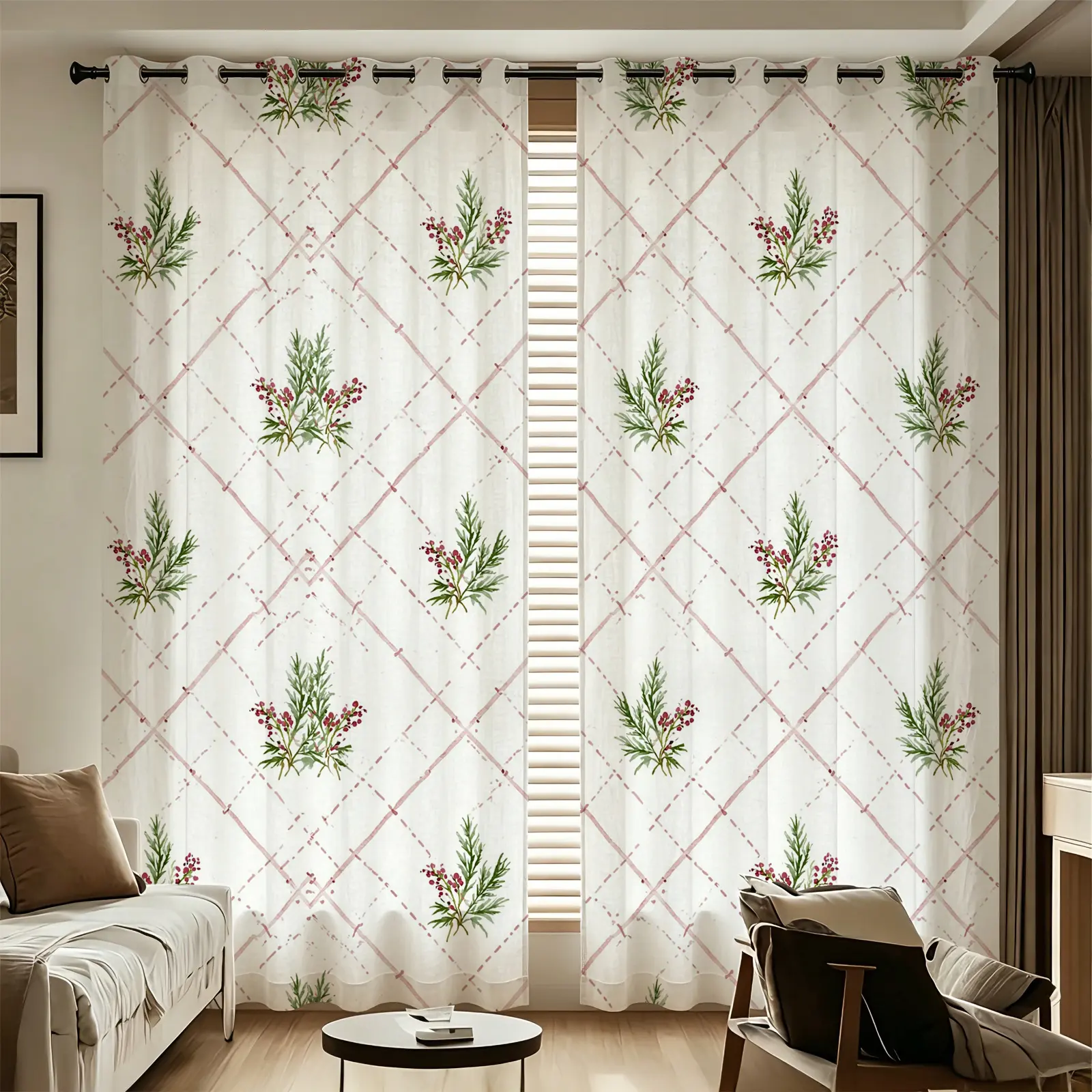 2pcs Curtain set diamond geometric lattice botanical leaf floral print grommet curtains, with 85% blackout performance, thermal insulated sun blocking, easy to clean, easy to install, perfect for living room bedroom home decoration, creating warm co