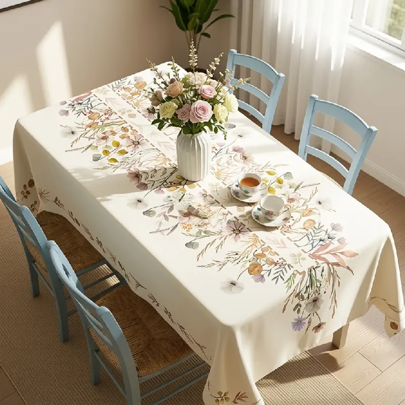 Floral tablecloth, ivory pink green and brown, featuring garden flowers, leaves and branch patterns, round, rectangular and oval shapes, suitable for dining rooms, banquets, restaurants, parties and outdoor events, polyester, washable, clearance sale