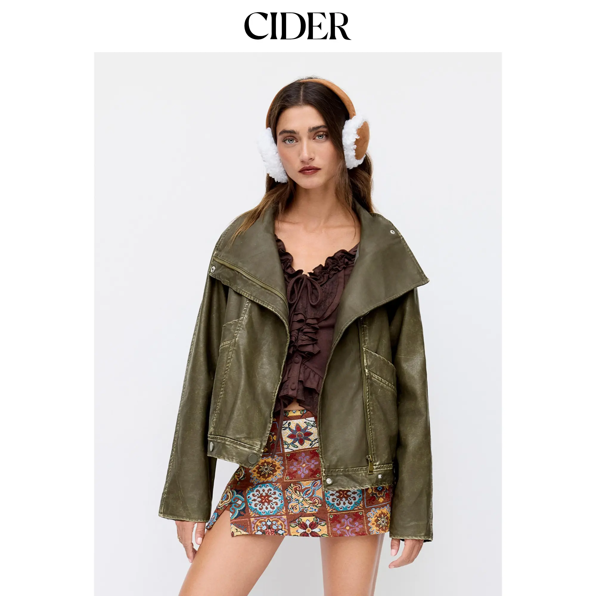 Cider Faux Leather Collar Zip Through Oversized Jacket SummerFinds