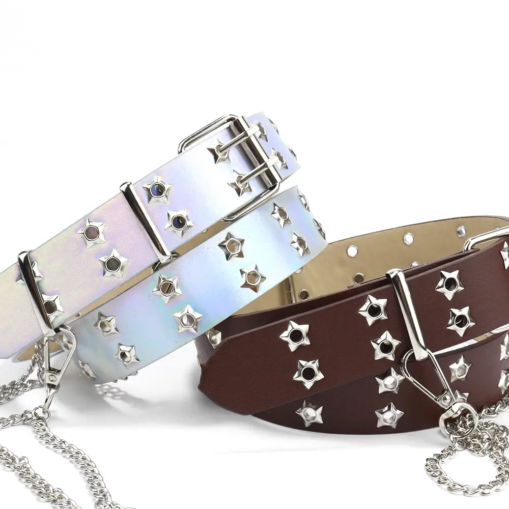 Effortless Y2K Star Double Grommet Belt with Detachable Metal Chain Punk Gothic PU Leather Belt Double Pin Buckle Star Eyelets Adjustable Denim Jeans Belt Festival Streetwear Accessories