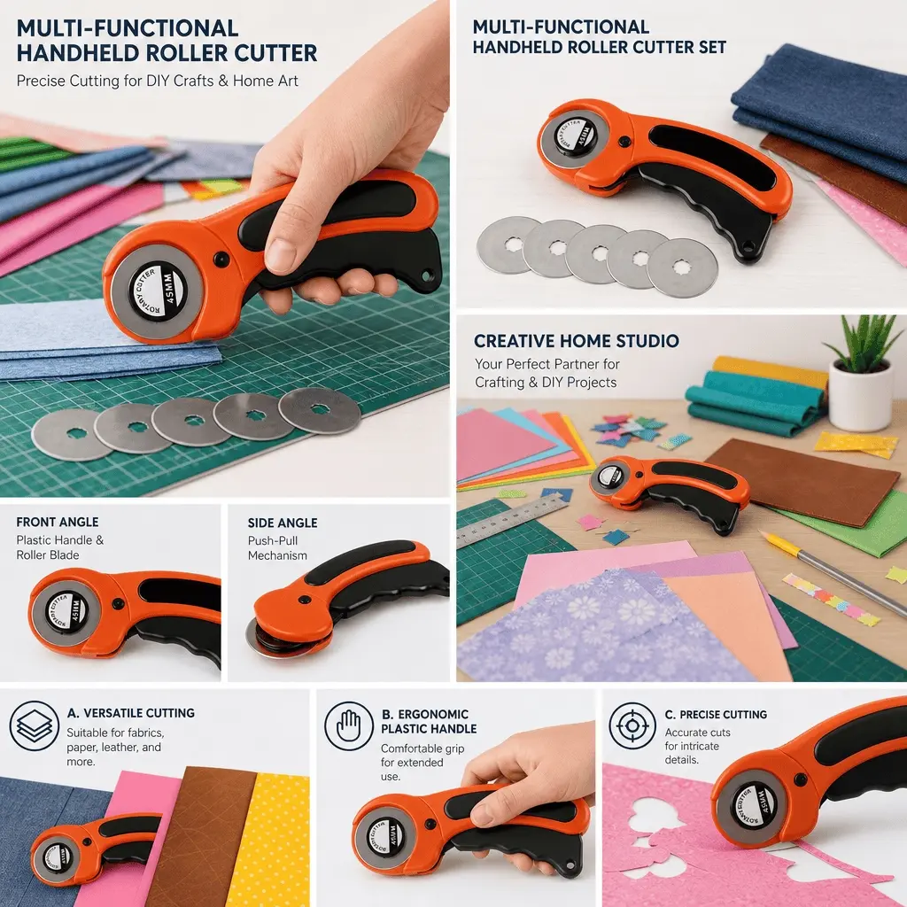 6-Piece Cutting Tool Kit: Tungsten Steel Rotary Cutter, Fabric Blade, Leather Scorer, Magnetic Quick Change, Press Safety Lock, Clothing, Wallpaper, Paper, Fabric, Leather Craft