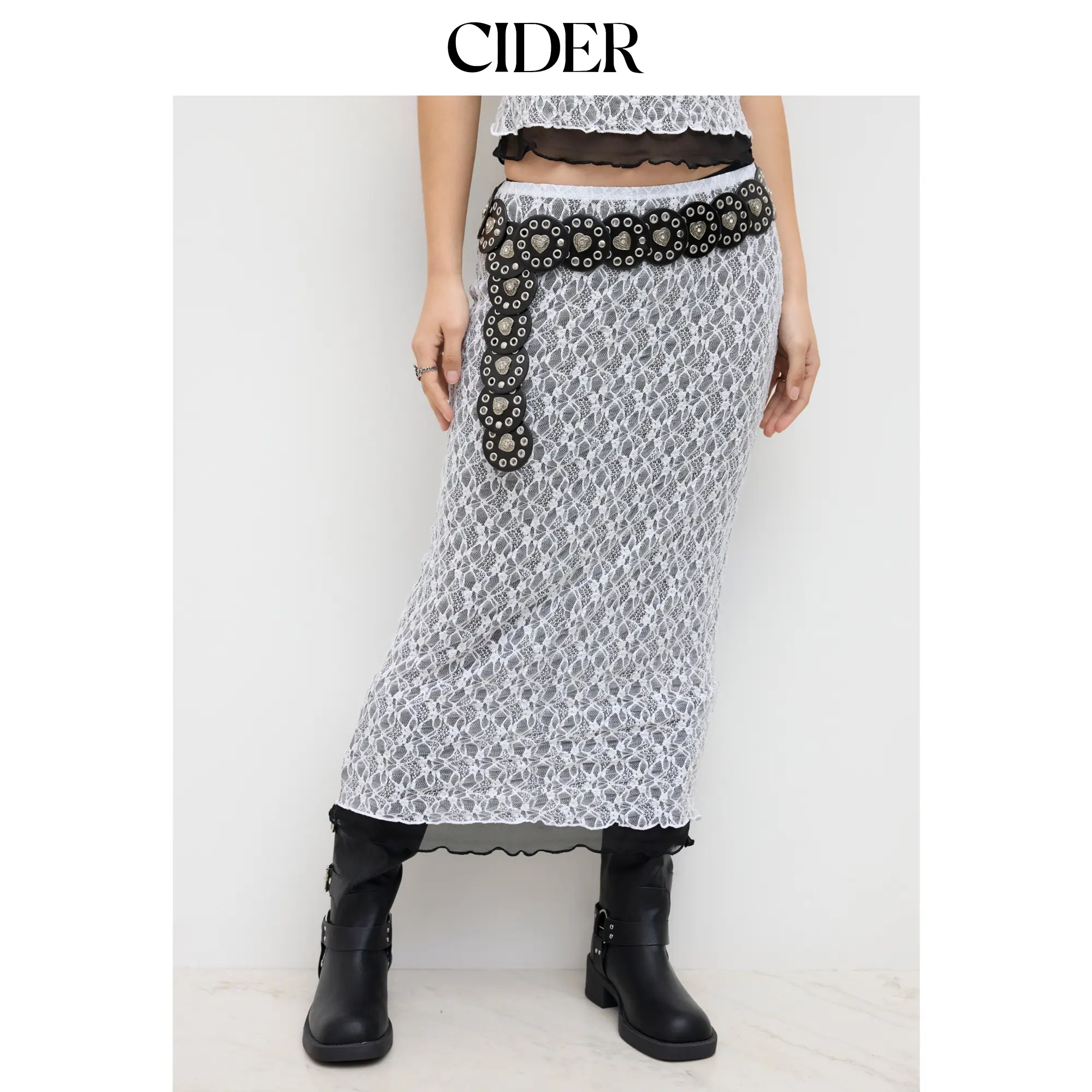 Cider Lace Mid Rise Lettuce Trim Midi Skirt [LIVE FS]