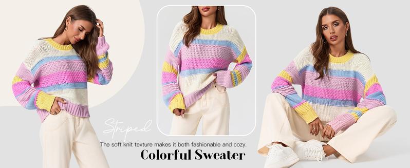 Saodimallsu Womens Color Block Sweater Striped Chunky Knit Cropped Sweaters Crewneck Fall Long Sleeve Loose Pullover Tops